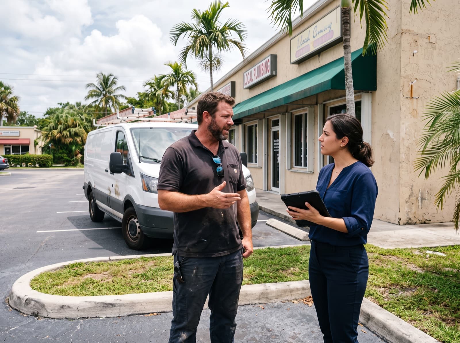 A marketer with a tablet talking with a business owner beside his service van