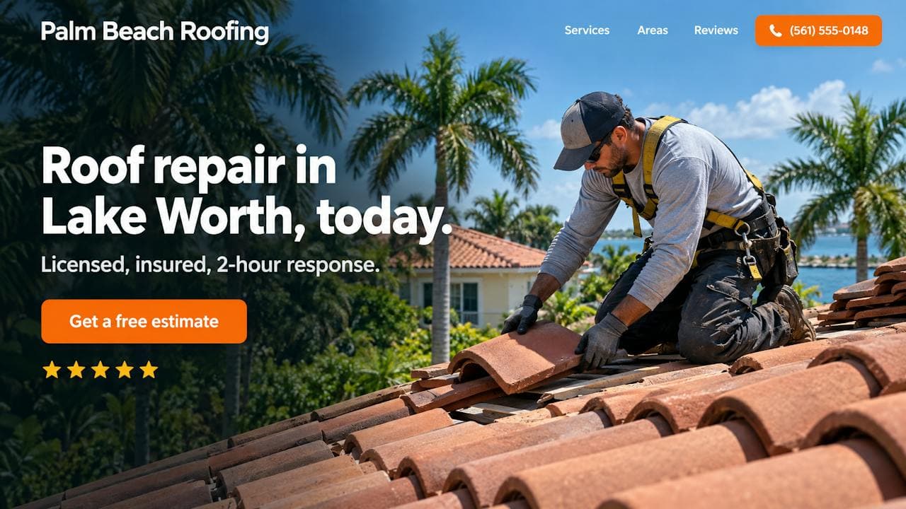 The same roofing company's new website: a full-width photo of a roofer laying clay tiles, the headline 'Roof repair in Lake Worth, today.' and an orange Get a free estimate button