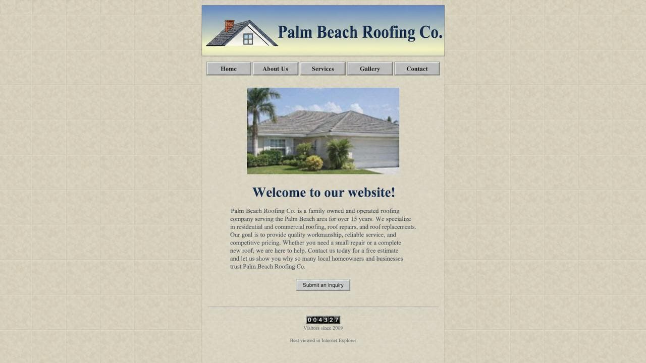 An outdated roofing company website: a narrow centered page on a tiled beige background with grey buttons, a small house photo, 'Welcome to our website!' and a visitor counter