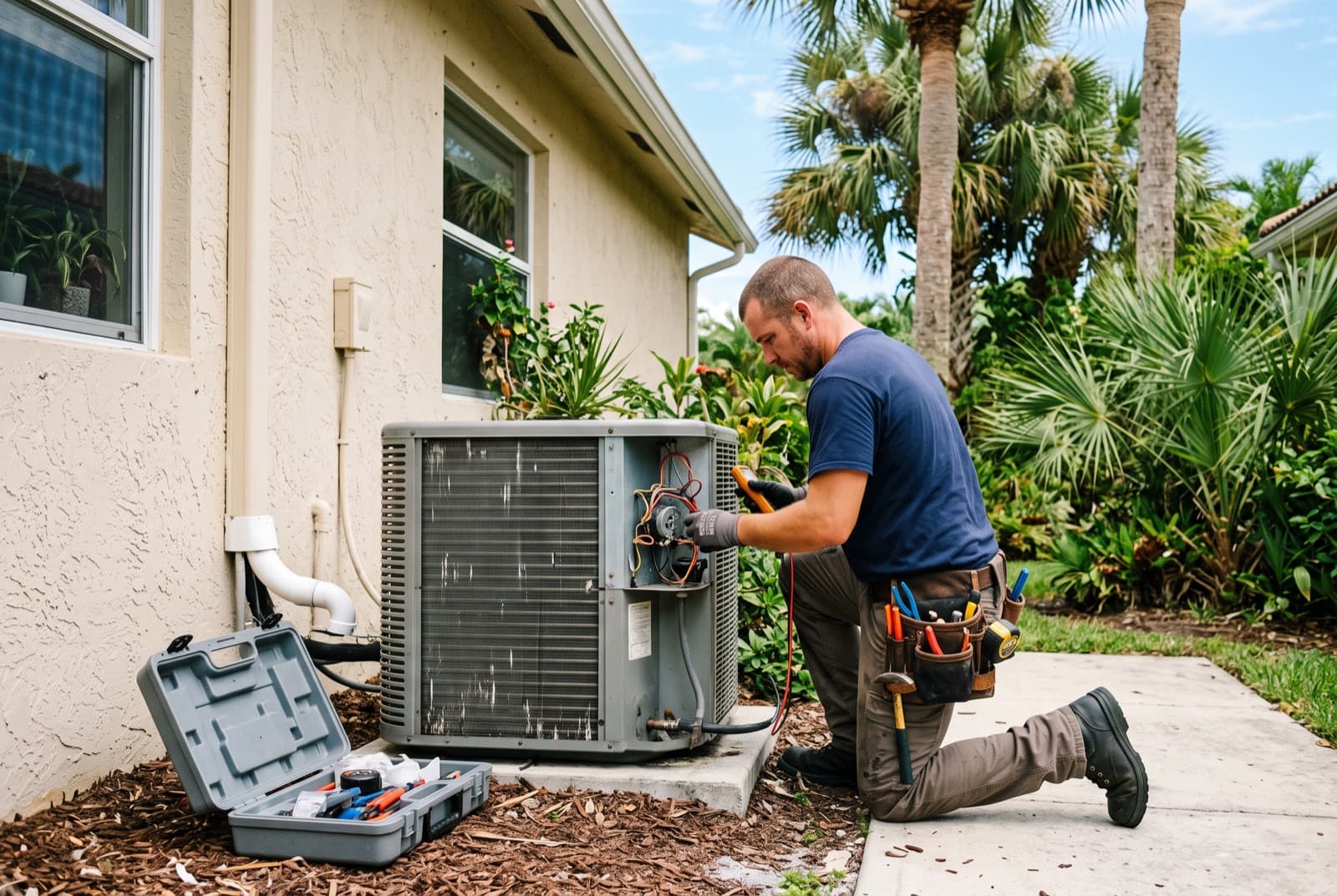 A technician kneeling to service an outdoor AC unit beside a stucco house