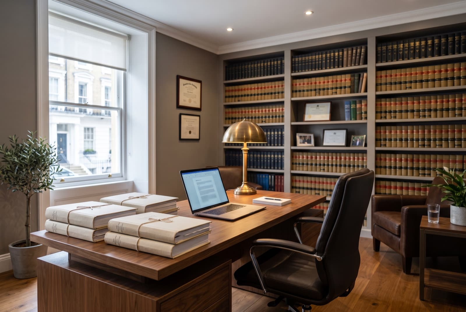 A quiet law office with case files on the desk and shelves of law books