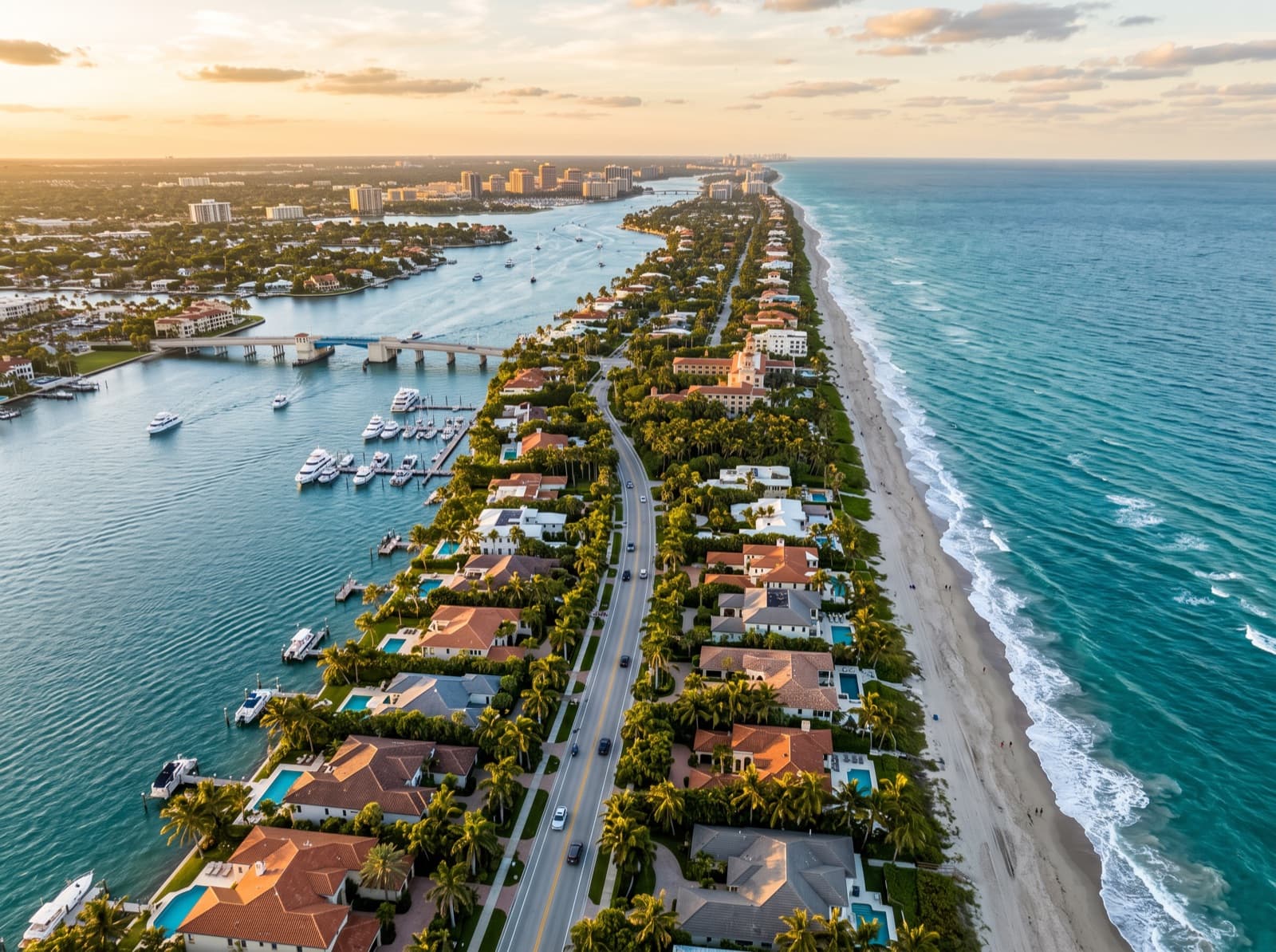 Aerial view of the Palm Beach County coast with the Intracoastal on one side and the ocean on the other