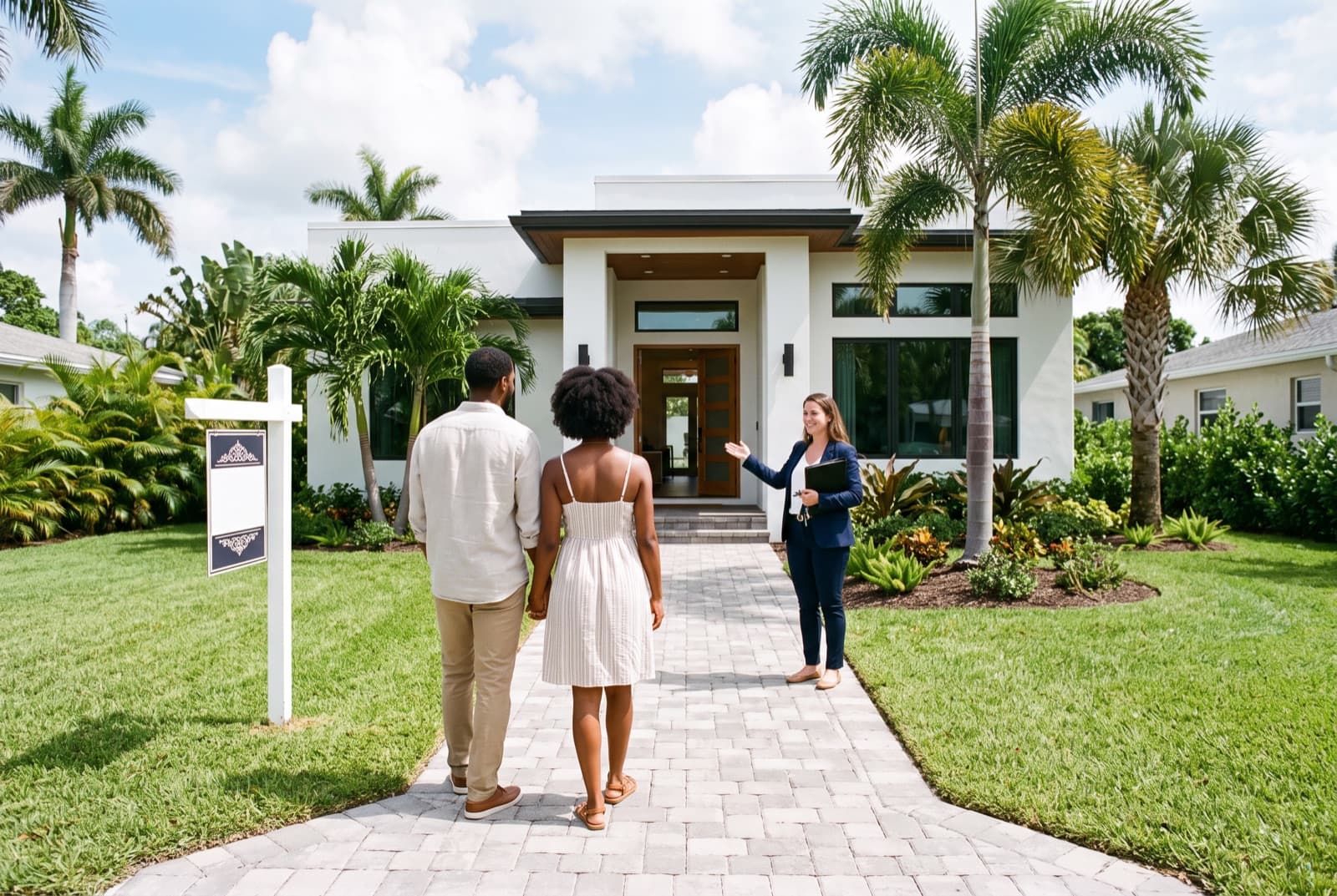 A real estate agent welcoming a couple up the walk to a white Florida home