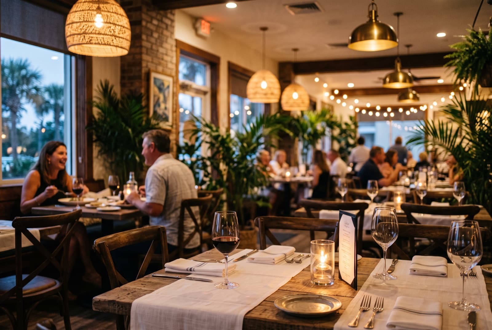 A warm restaurant dining room at dusk with candlelit tables
