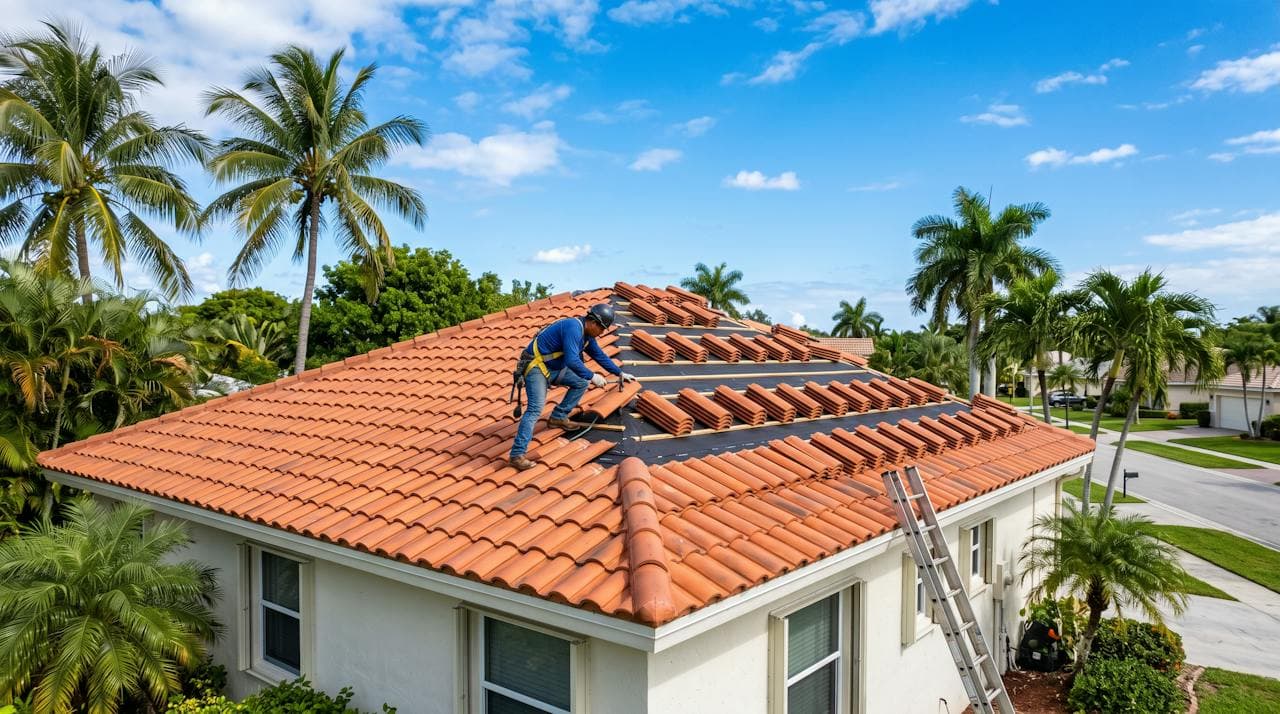 A roofer laying new clay tiles on a Florida home