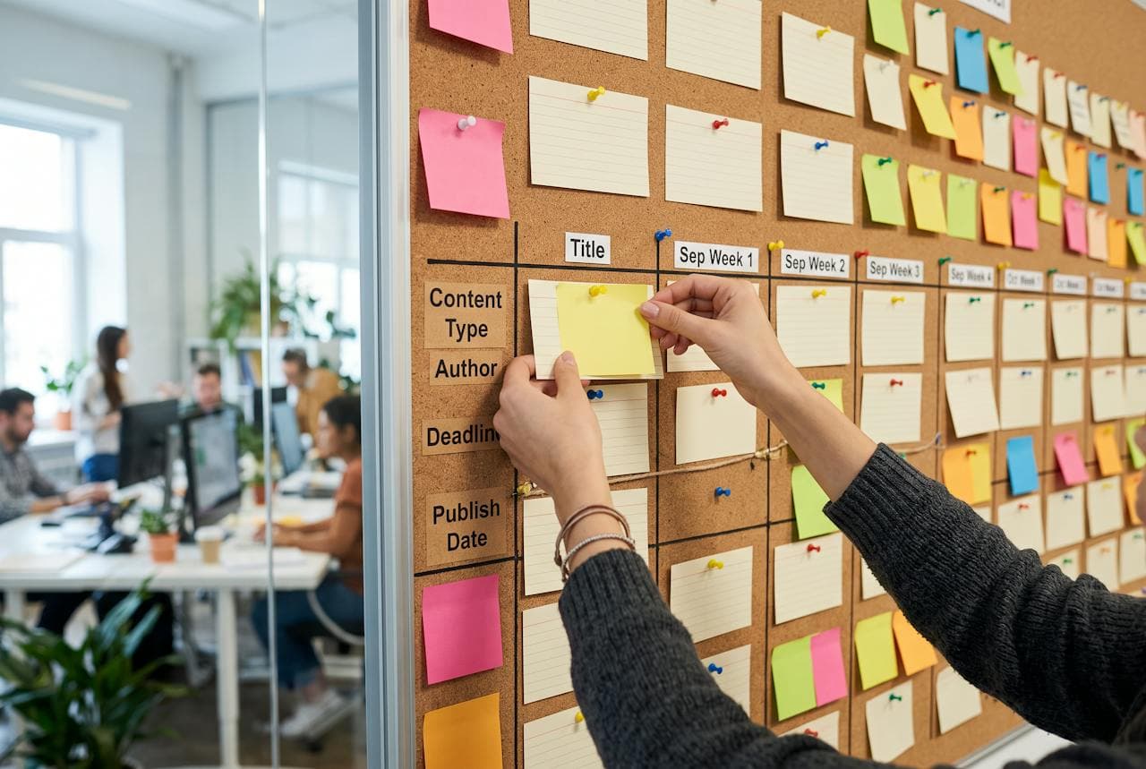 Hands pinning cards to a content calendar board