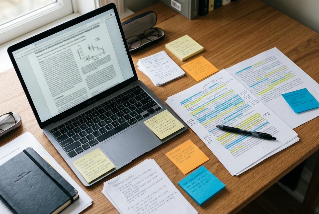 Highlighted research notes and sticky notes spread beside a laptop