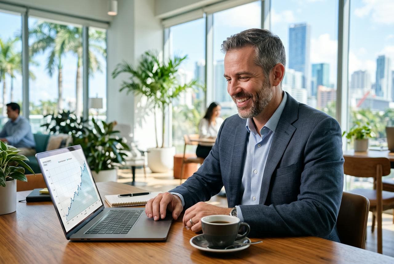 A business owner smiling at a rising traffic chart on his laptop