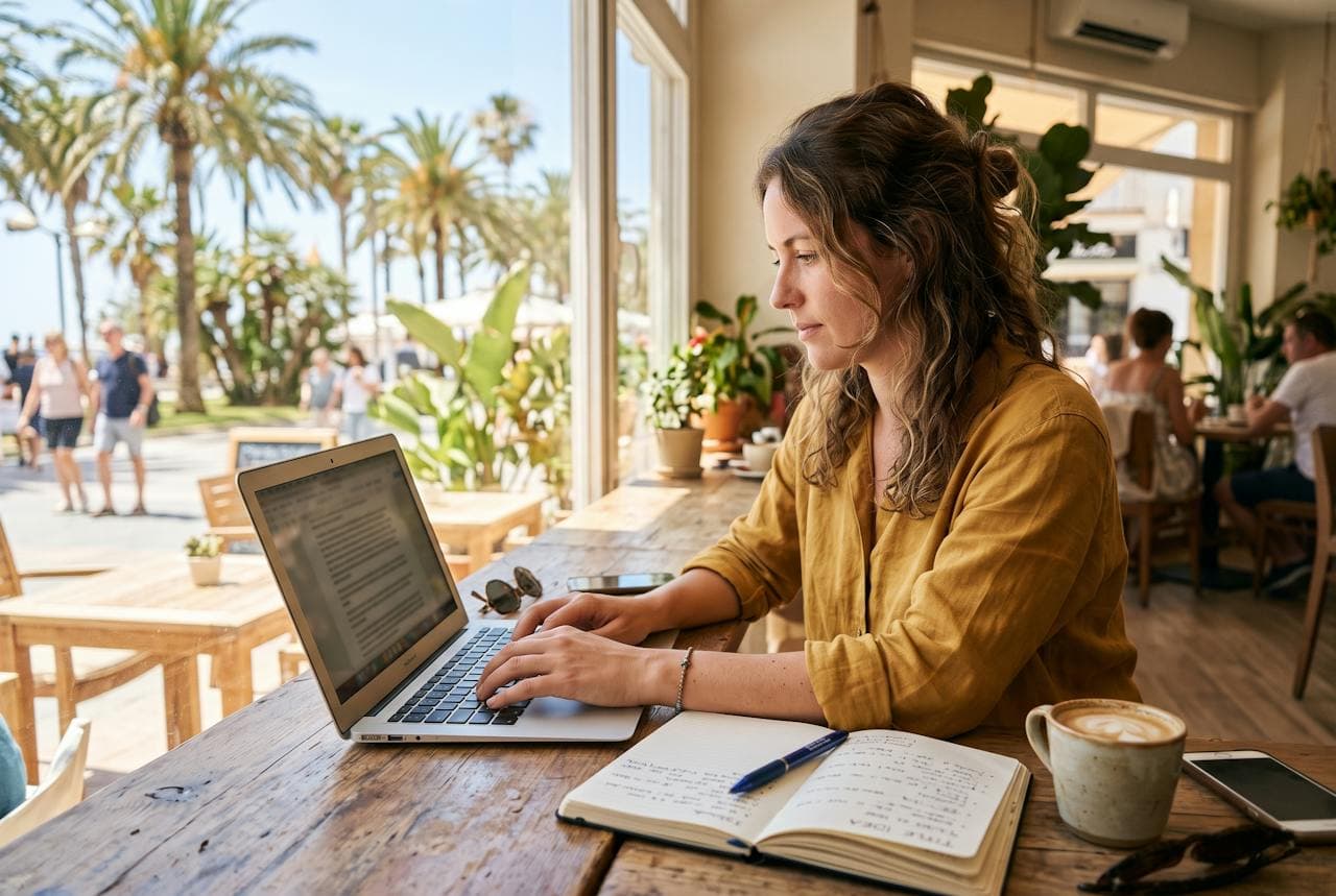 A writer drafting an article on a laptop at a sunny cafe table