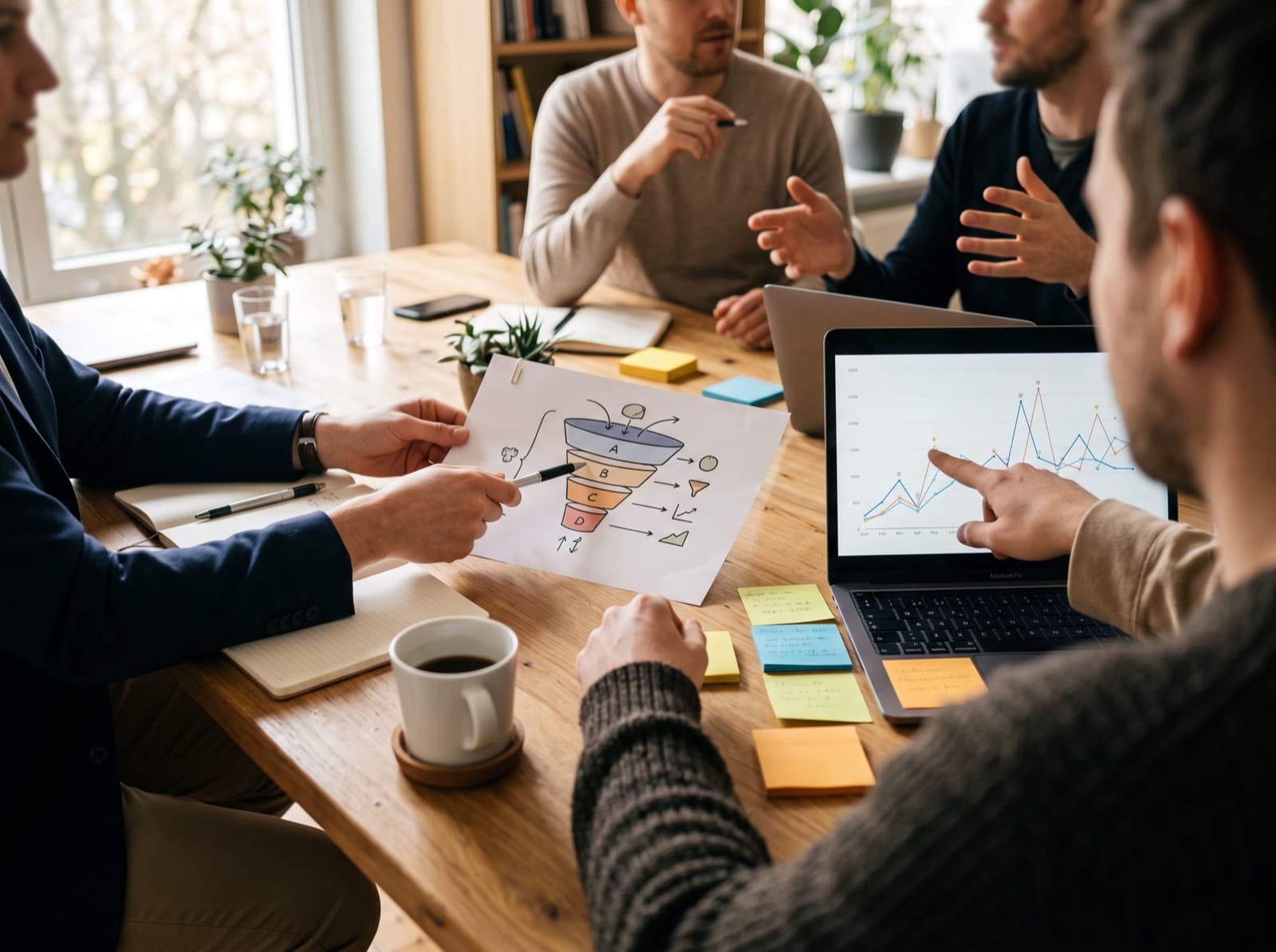 A strategy session around a table with a funnel sketch, sticky notes and a chart on a laptop