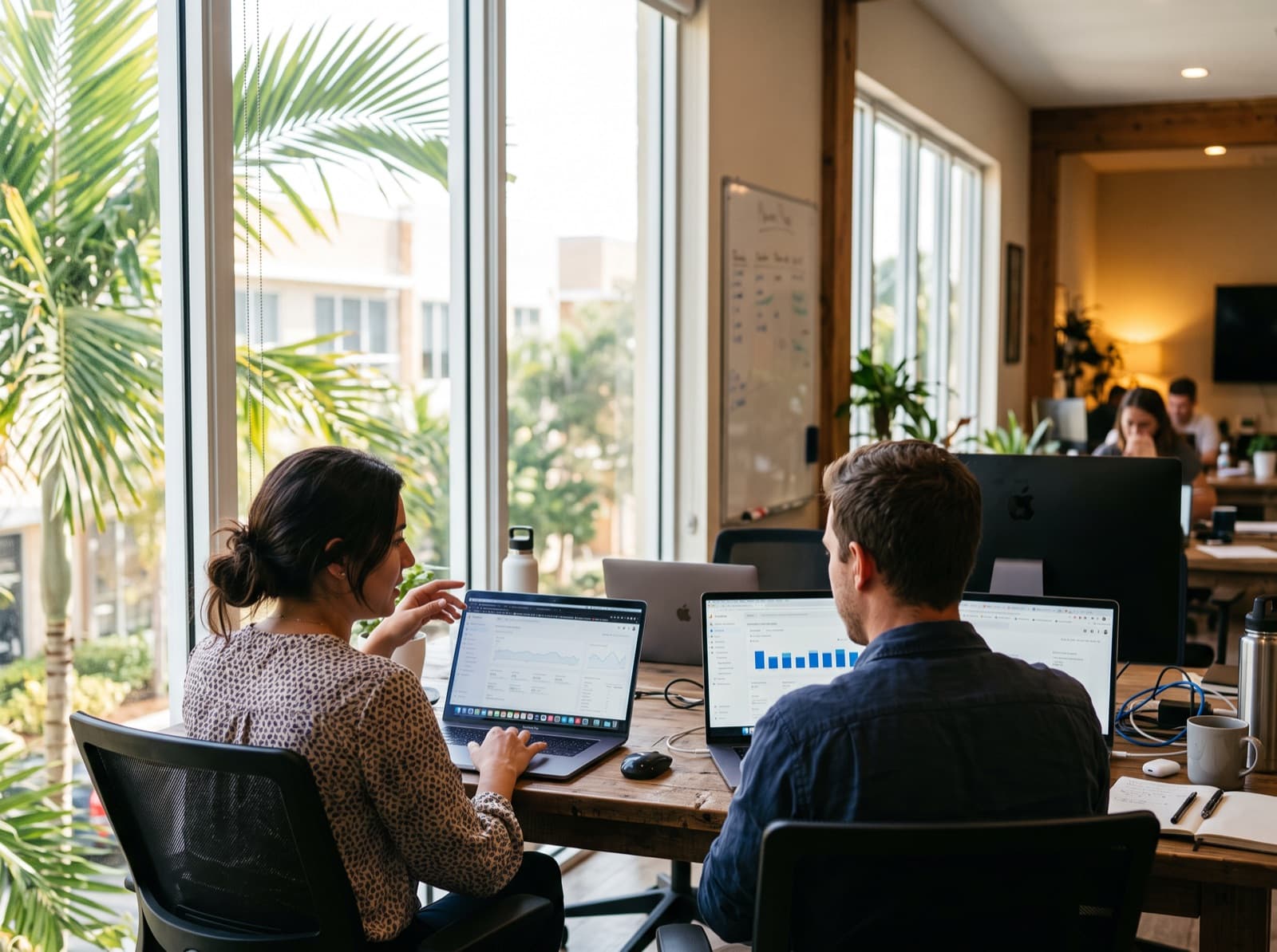 Two marketers working at laptops by a window with palm trees outside