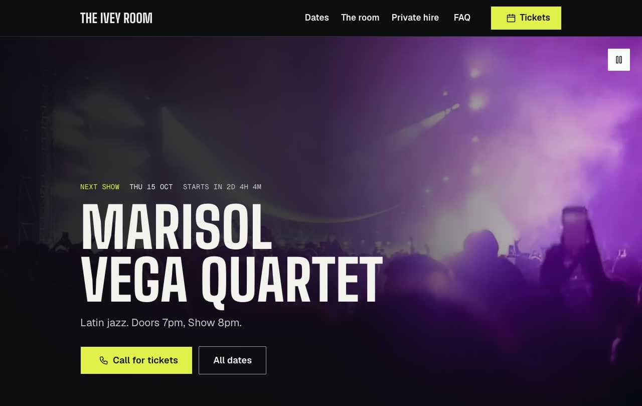 The live music venue template's first screen: the next show's artist in large capitals with a countdown and a tickets button over a concert crowd