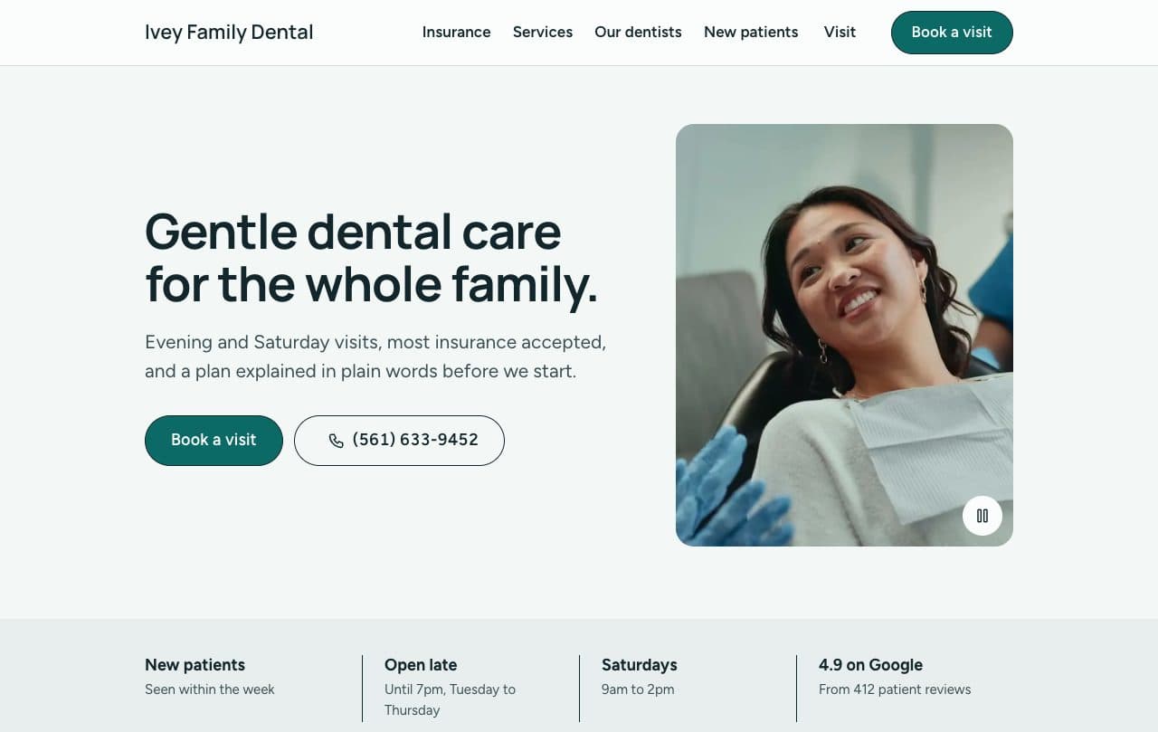The dental template's first screen: 'Gentle dental care for the whole family.' with a Book a visit button and a smiling patient in the dental chair