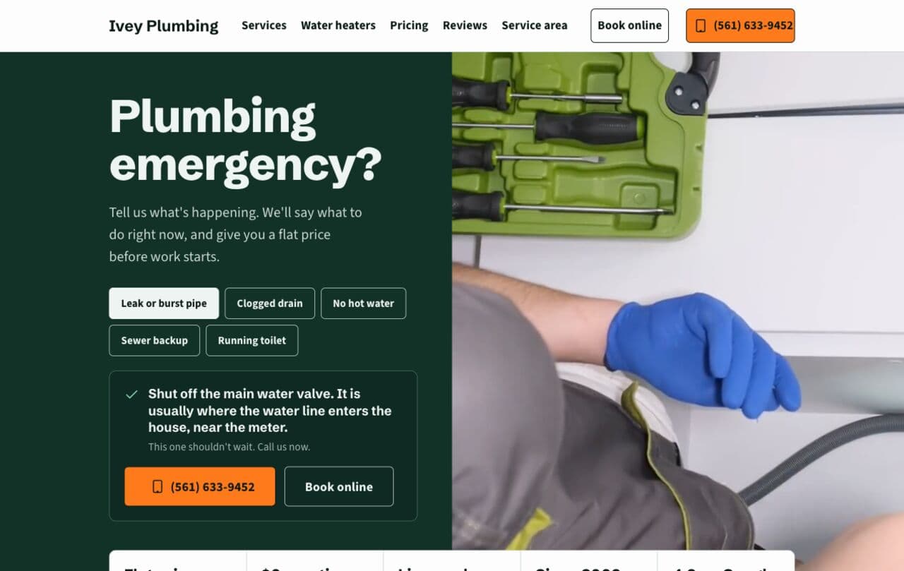 The plumbing template's first screen: 'Plumbing emergency?' with problem buttons, a call button and a plumber at work