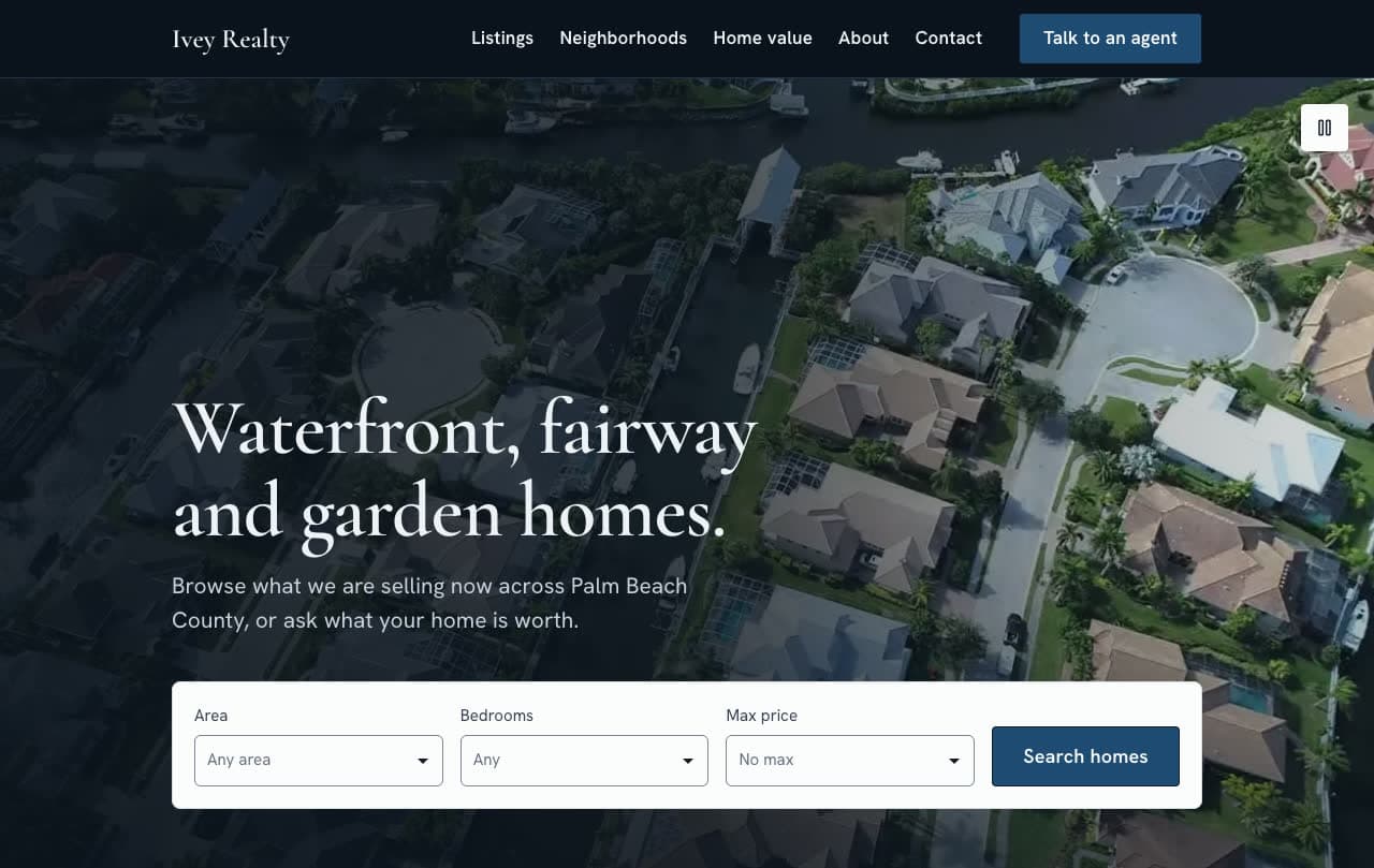 The real estate template's first screen: 'Waterfront, fairway and garden homes.' with a home search over an aerial view of waterfront houses
