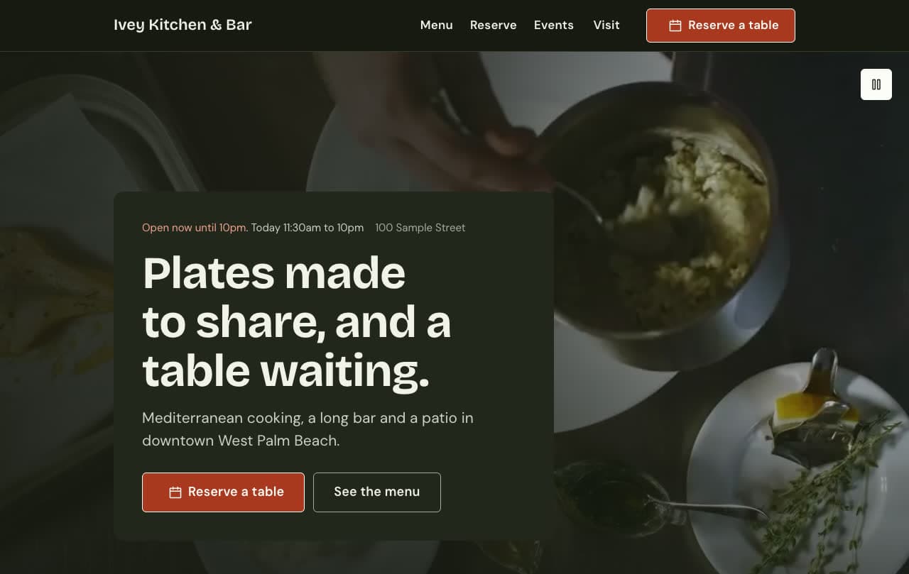 The restaurant template's first screen: 'Plates made to share, and a table waiting.' with today's hours and a Reserve a table button over a chef plating risotto