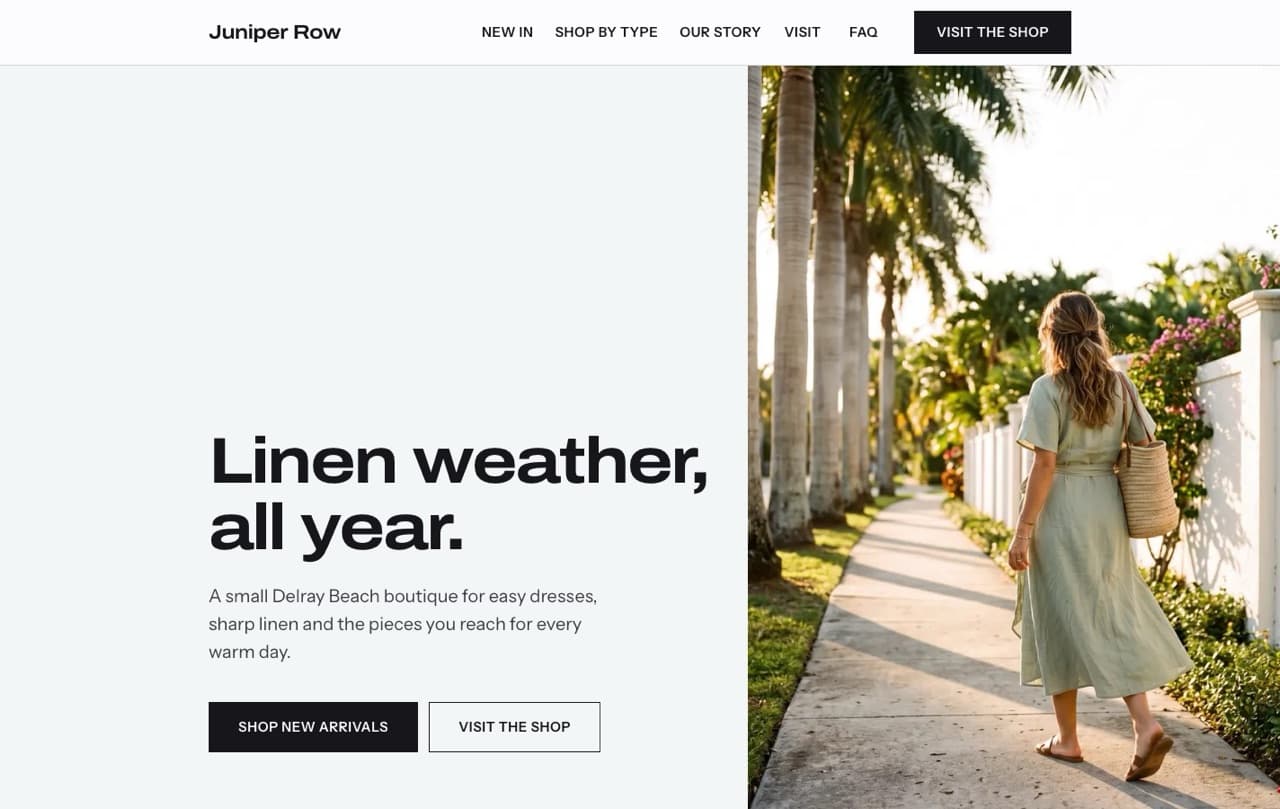 The boutique template's first screen: an editorial street photo of a woman in a sage linen dress beside the shop's new arrivals